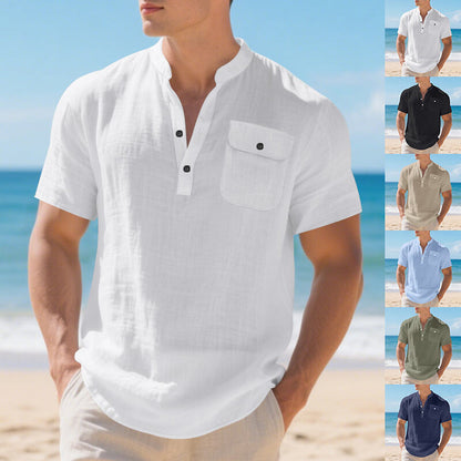 Herren Hemd Kurzarm Henley Kragen mit Brusttasche Modern - BerlinGlamour