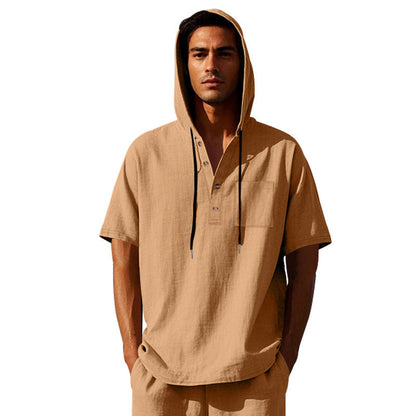 Männer Kapuzen-T-Shirt mit Knöpfen und Brusttasche Sportlich