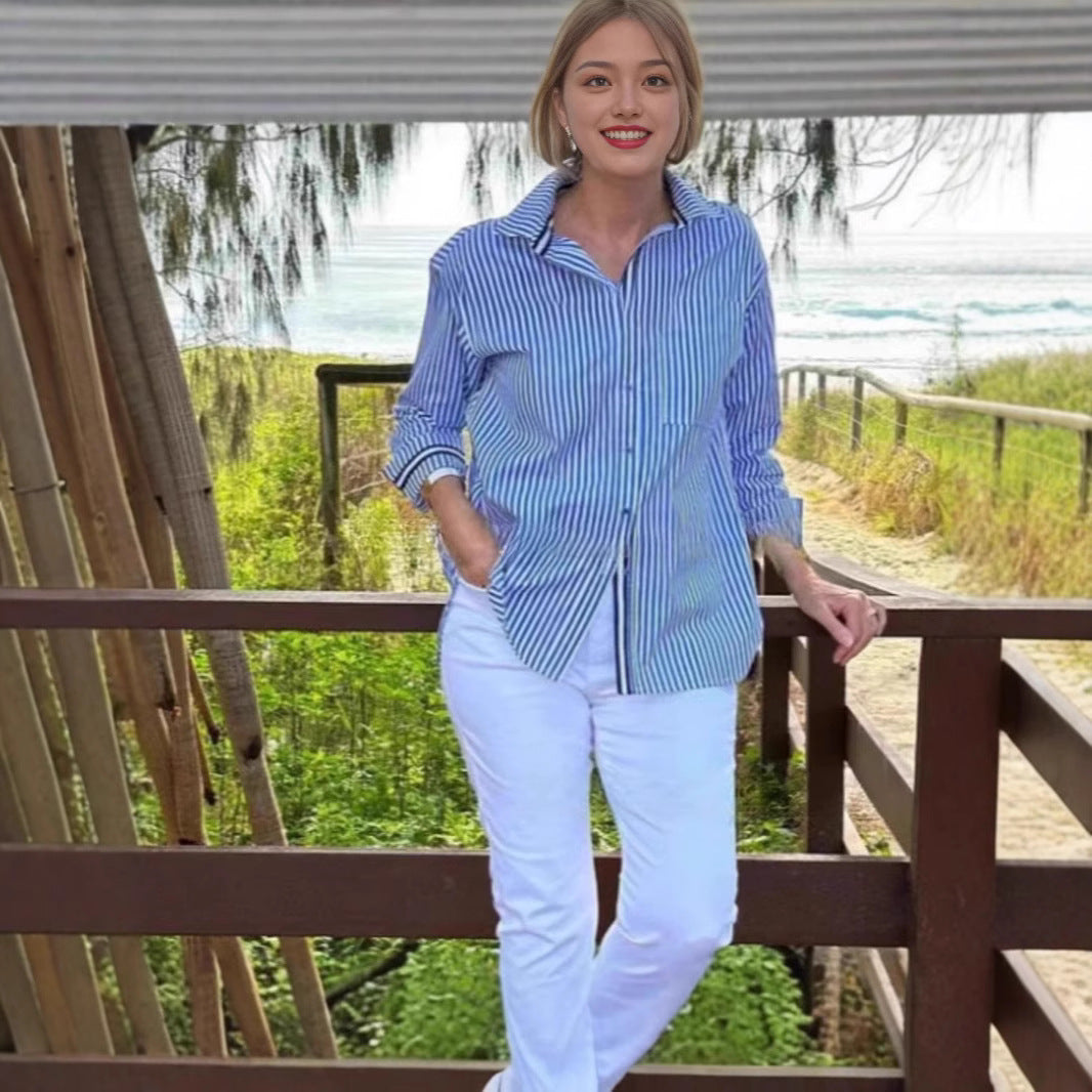 Damen Bluse Langarm Gestreift Modern - BerlinGlamour