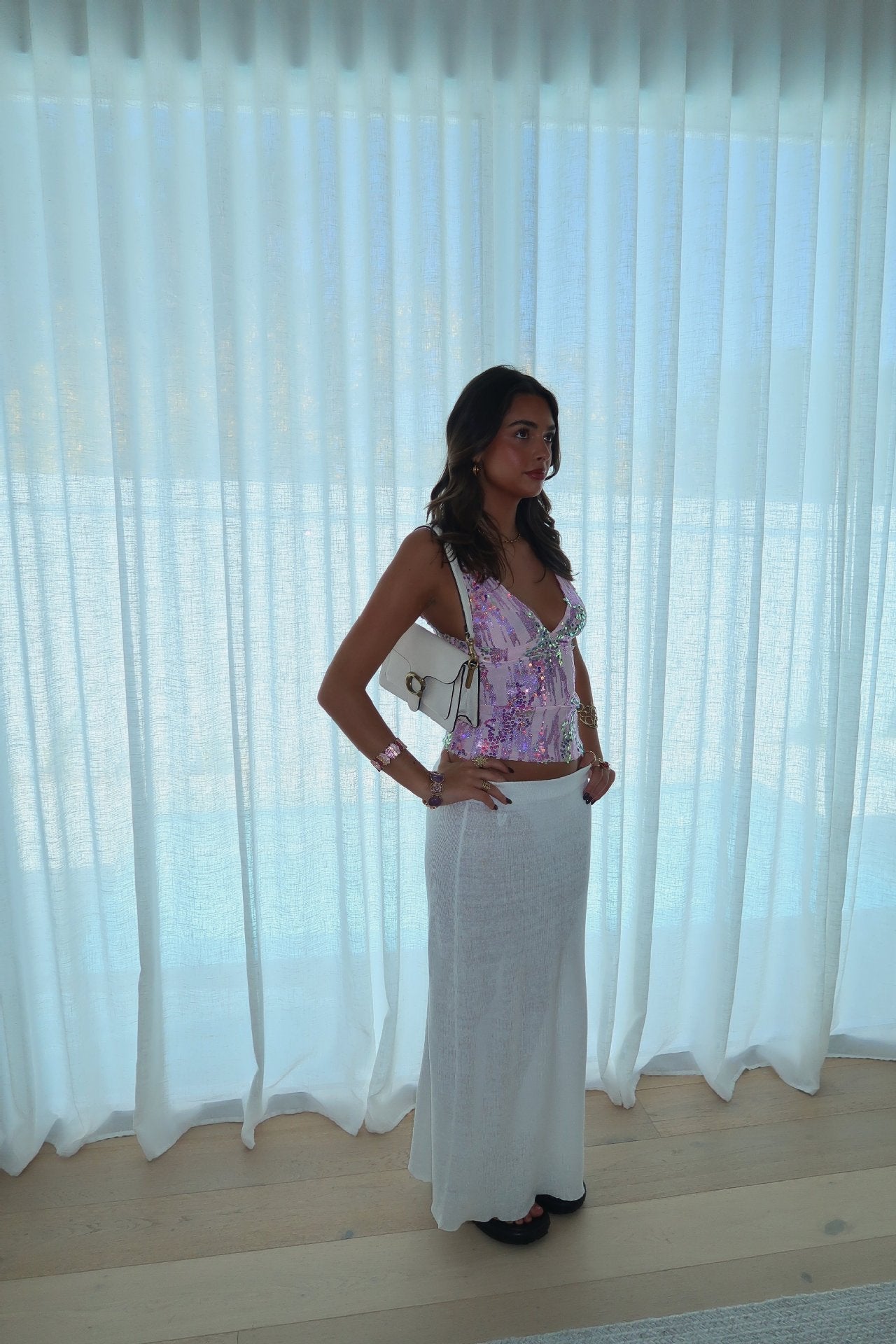 Damen Tanktop Pailletten Top V-Ausschnitt Party