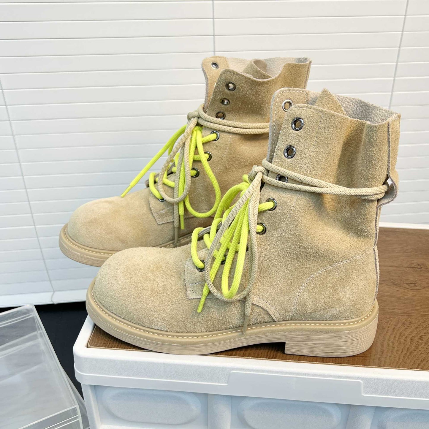 Damen Boots Wildleder Schnürsenkel Neon Farben Robust