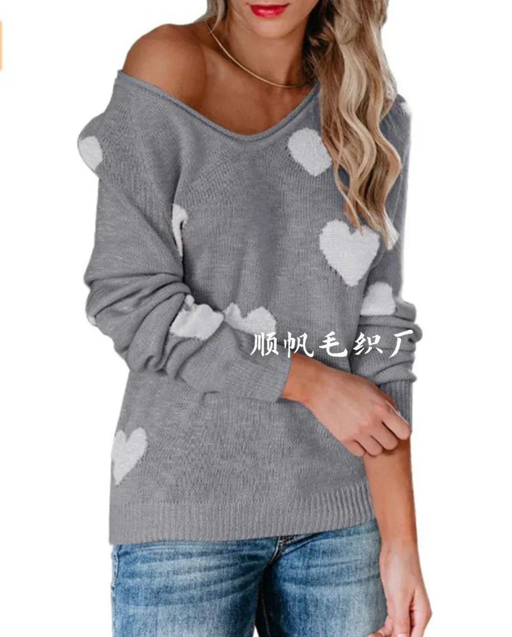 Weihnachtspullover Damen Herzmuster Rot Festlich