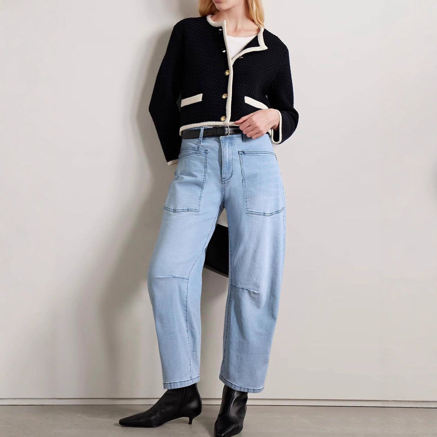 Damen Hohe Bund Jeans Hose mit Taschen
