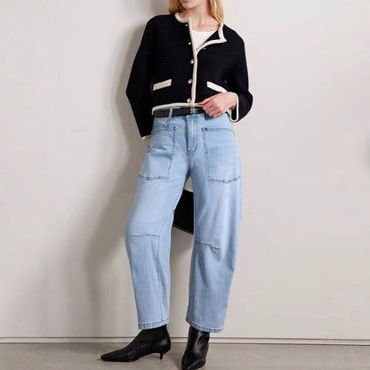 Damen Hohe Bund Jeans Hose mit Taschen