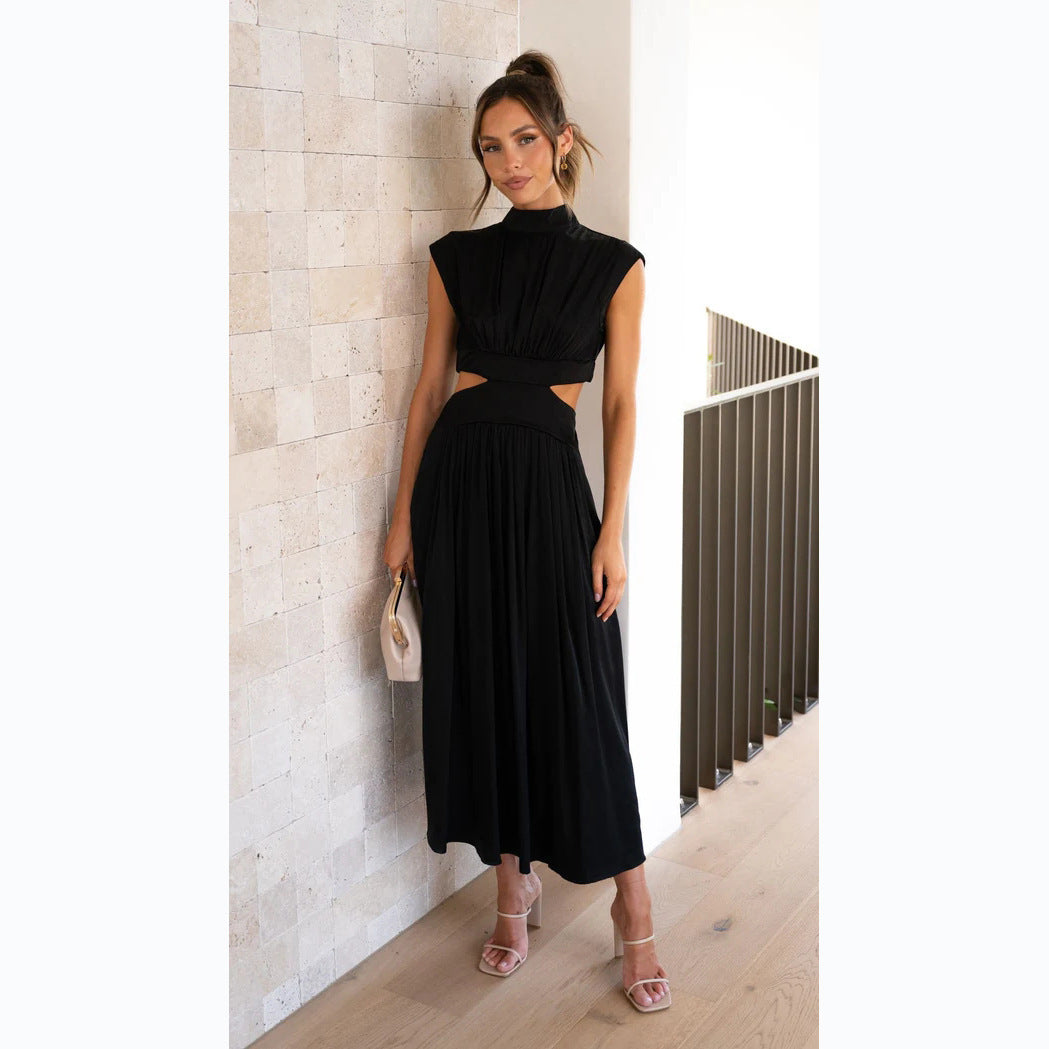 Damen Maxikleid Stehkragen Elegant Cut Out Damenkleid