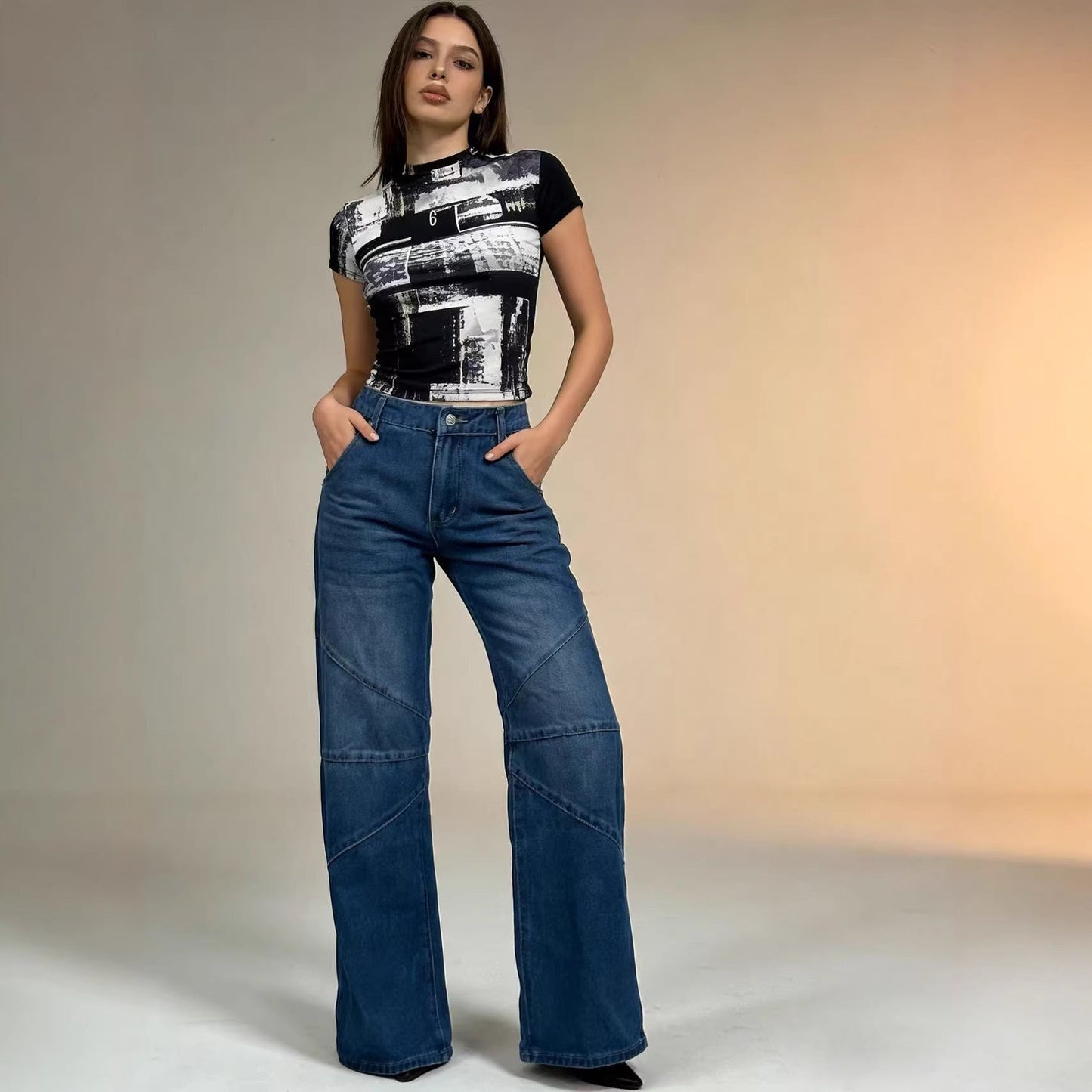 Damen Jeanshose Weite Bein Asymmetrisch Schnitt