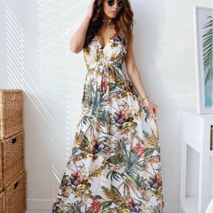 Langes Maxi Kleid Damen Sommer Tropical Chic