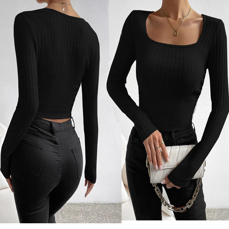 Damen Oberteil Langarm Ripp Quincy Ausschnitt Modern - BerlinGlamour