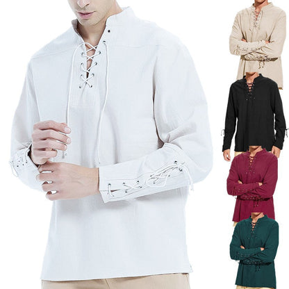 Herren Leinenhemd Langarm Modern Schnürfront Eleganz - BerlinGlamour