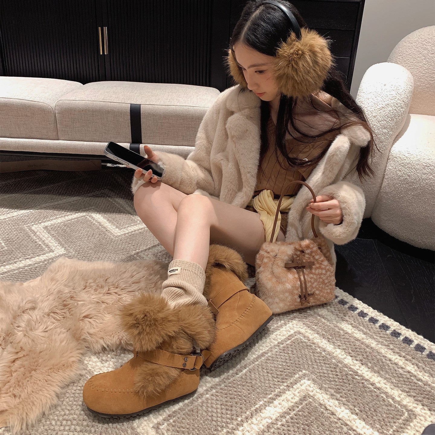 Damen Winterboots Weich Fellrand Kuschelig Warm