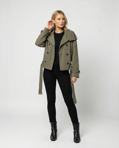 Trenchcoat Damen Herren Kurz Doppelt Knöpft Modern Taillengürtel
