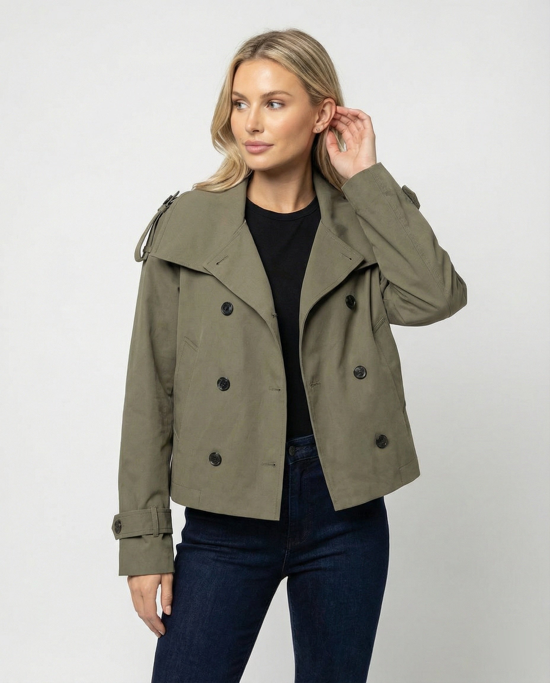 Trenchcoat Damen Herren Kurz Doppelt Knöpft Modern Taillengürtel - BerlinGlamour