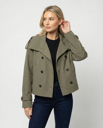 Trenchcoat Damen Herren Kurz Doppelt Knöpft Modern Taillengürtel - BerlinGlamour