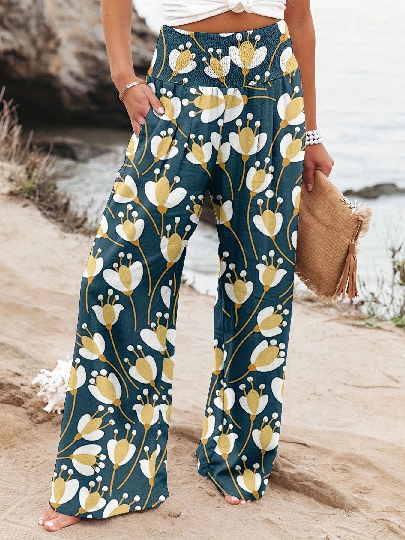 Damen Strandhose Weit Bequem Elastisch Floral
