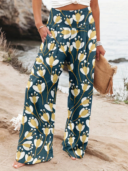 Damen Strandhose Weit Bequem Elastisch Floral