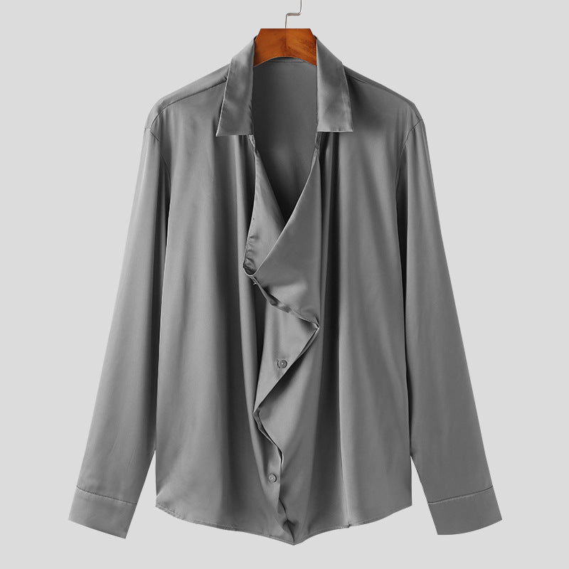 Herren Elegantes Langarmhemd mit drapierter Knopfleiste und seidigem Finish BerlinGlamour wird zu Elegantes Langarmhemd mit Knopfleiste