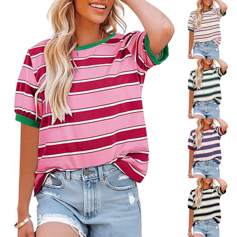 Damen T-Shirt Kurzarm Streifen Rundhals Modern - BerlinGlamour