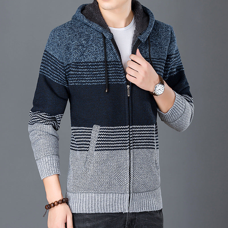 Herren Strickjacke Kapuze Modern Blockstreifen Trendig
