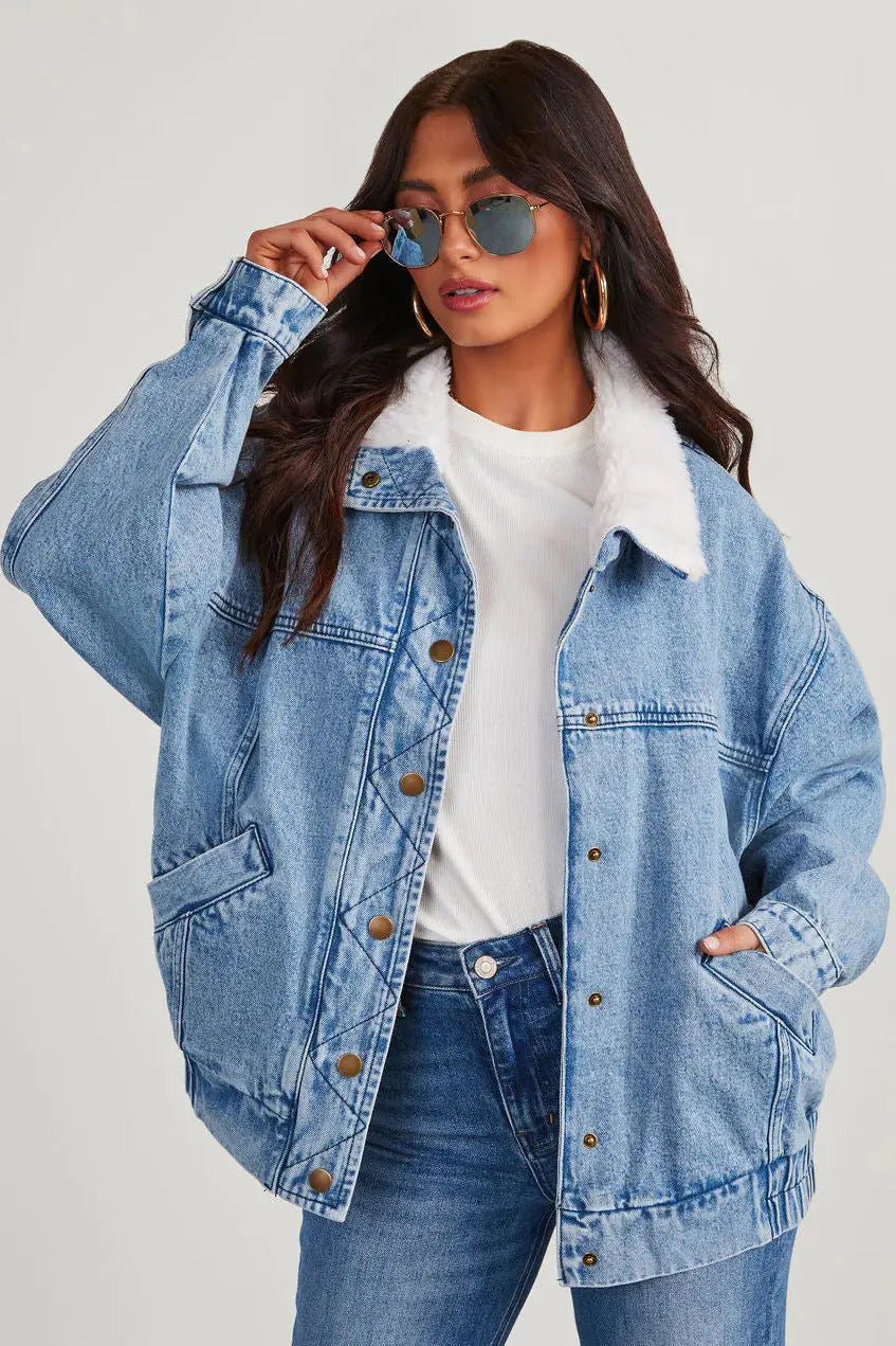 Damen Denimjacke Fleecekragen Bequem Modern - BerlinGlamour