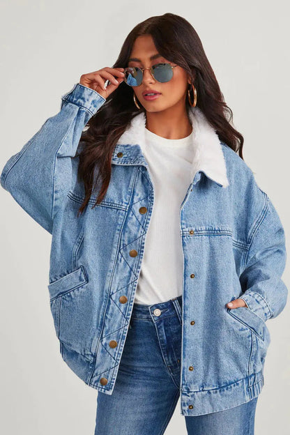 Damen Denimjacke Fleecekragen Bequem Modern - BerlinGlamour