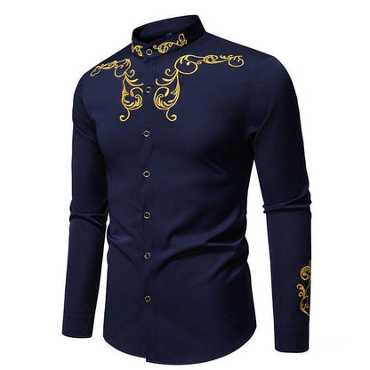 Herren Hemd Langarm Modern mit Stickerei und Slim Fit Kragen