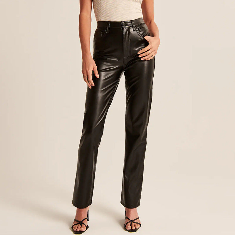 Damen Hose Kunstleder Geradbein Schwarze Stretchhose - BerlinGlamour