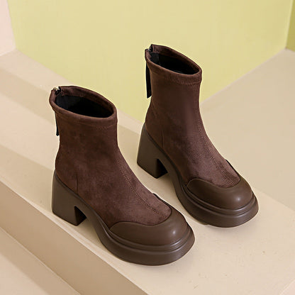 Damen Stiefeletten Plateau Hohe Veloursleder Look