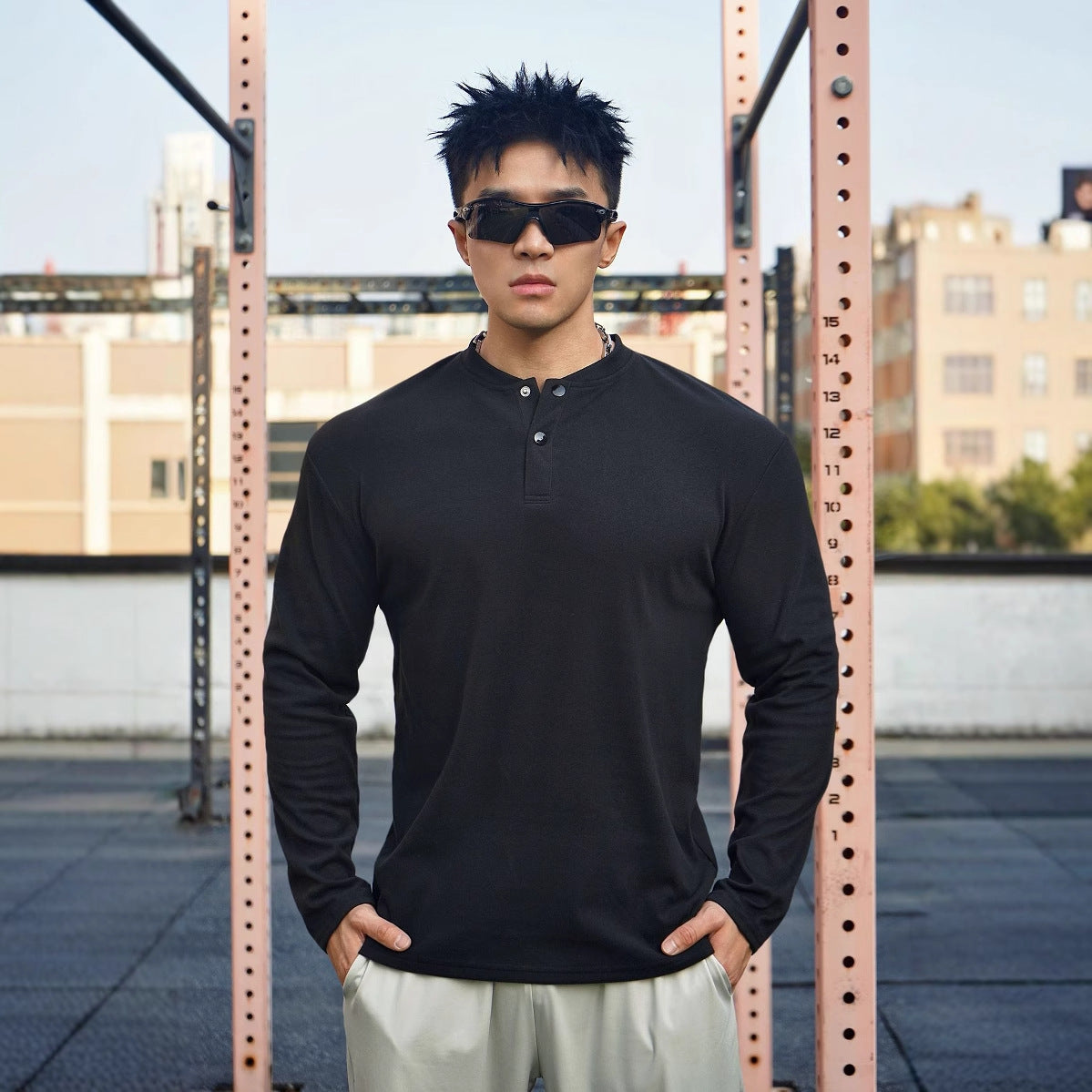 Herren Langarmshirt Atmungsaktiv Knöpfausschnitt Modern