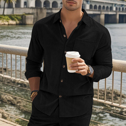 Herren Langarmshirt Streifen Stehkragen mit Brusttasche Modern