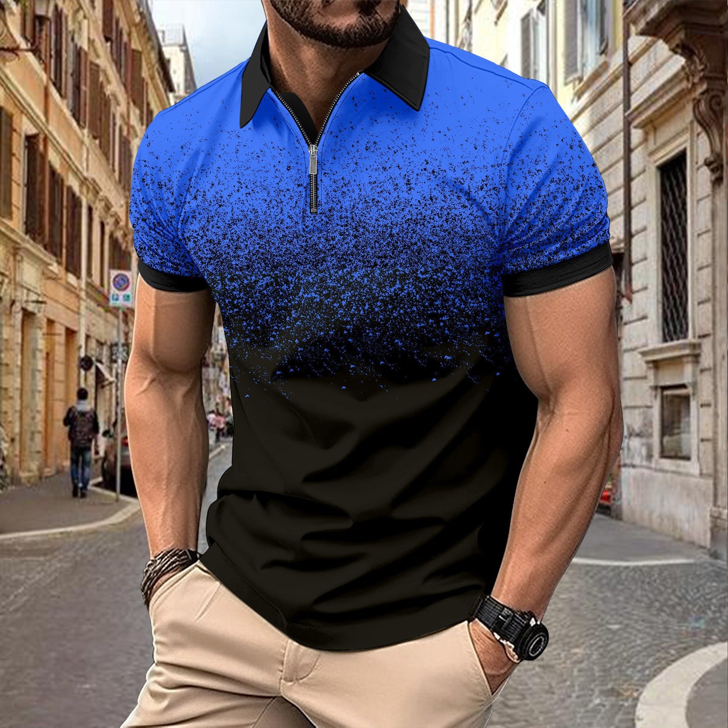 Herren Poloshirt Kurzarm Farbverlauf Modern Halbreißverschluss