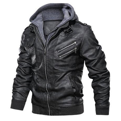 Lederjacke Herren Kunstleder Motorradjacke Reißverschluss Kapuze