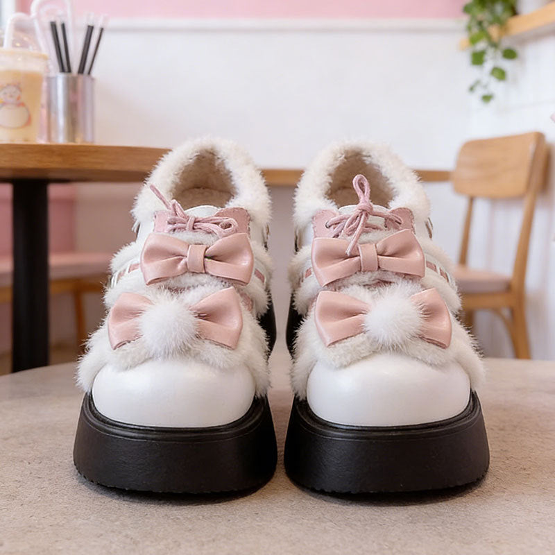 Damen Sneaker Schuhe mit Fell und Schleifen Modern