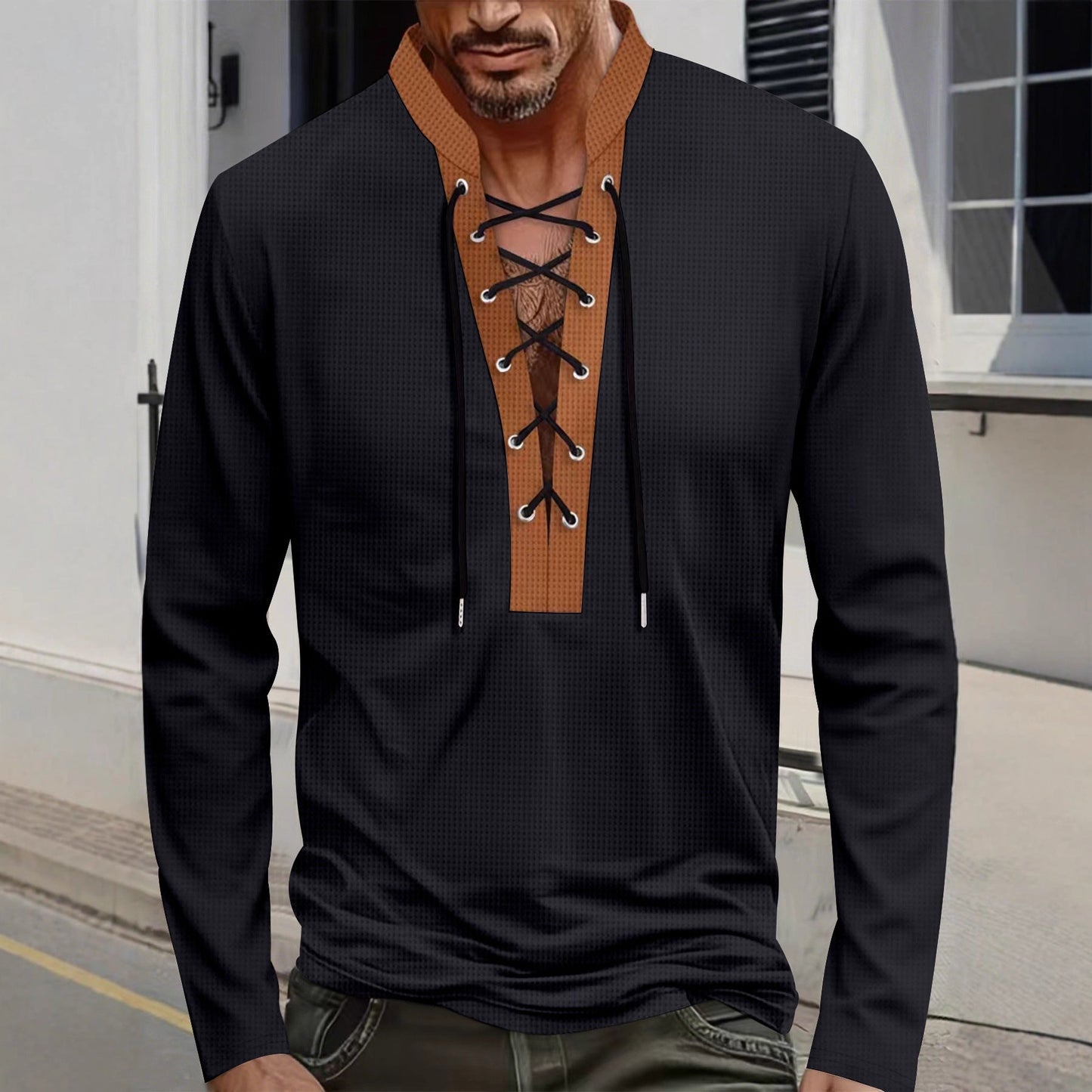 Herren Langarmshirt Modern Schnürverschluss Trendy - BerlinGlamour