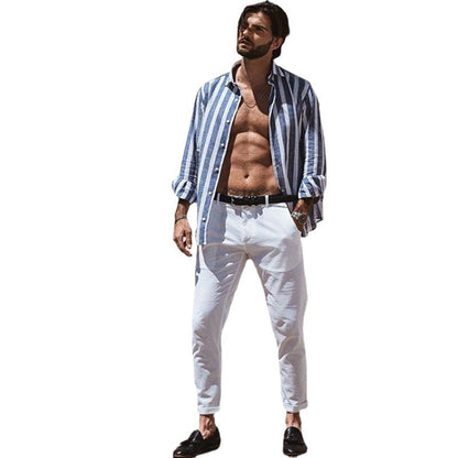 Herren Leinenhemd Gestreift Elegantes Sommerhemd