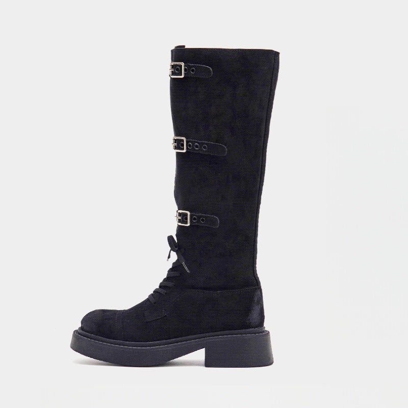 Damen Stiefel Overknee Plateau mit Schnallen Schwarz Modisch