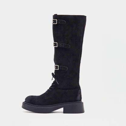 Damen Stiefel Overknee Plateau mit Schnallen Schwarz Modisch