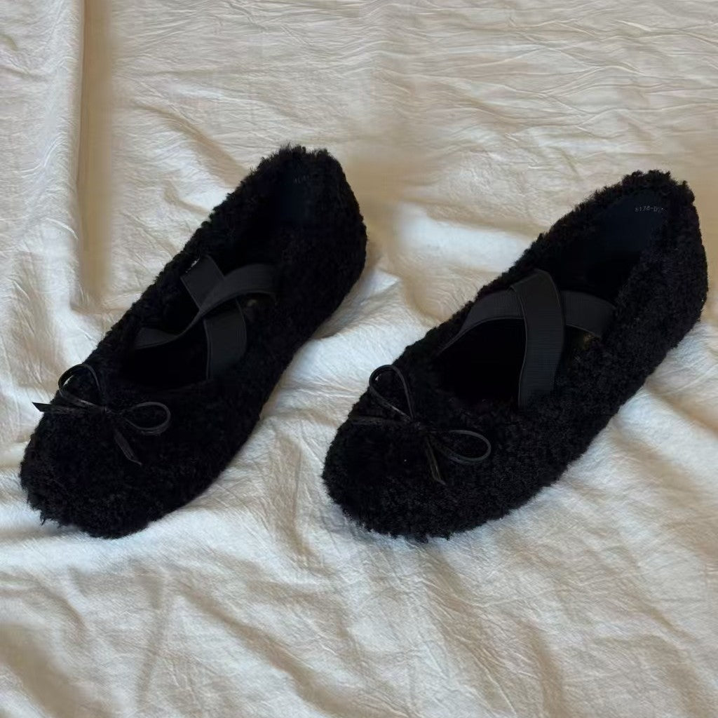 Damen Ballerinas Weich Plüsch Schleifen Detail
