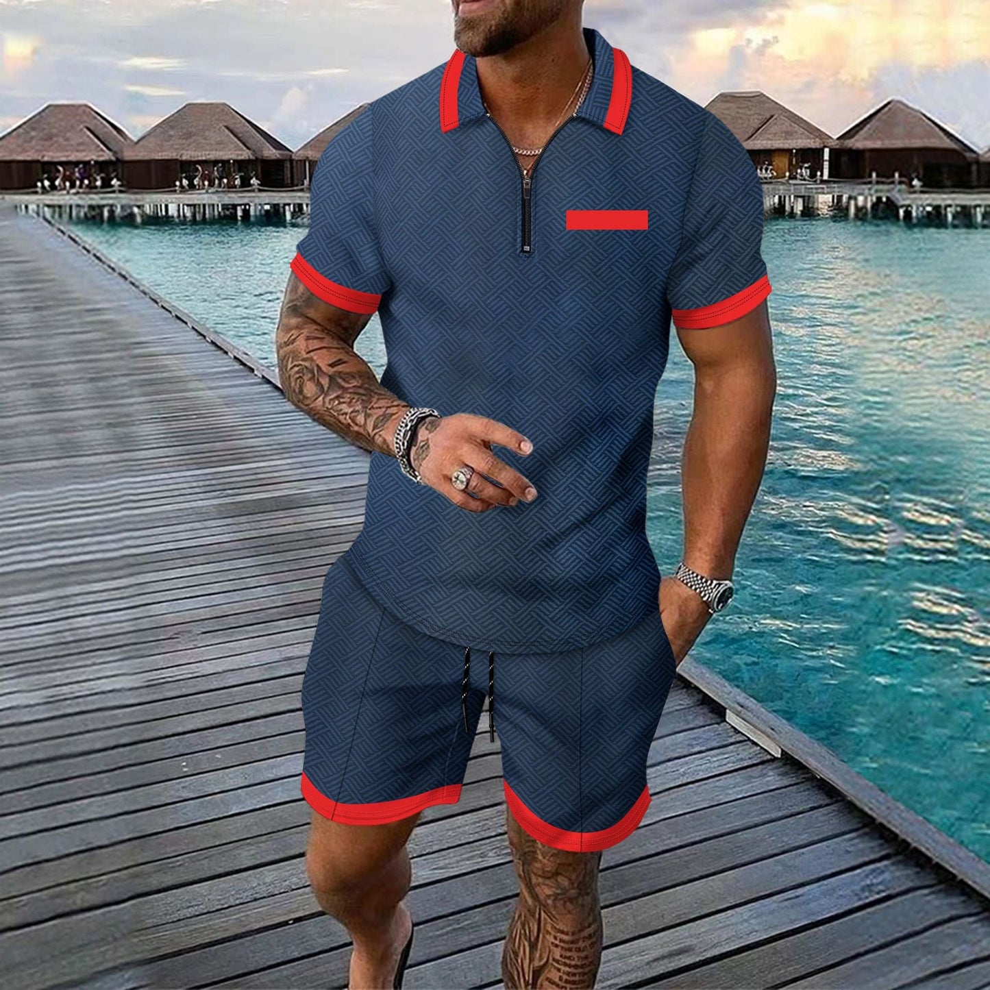 Herren Sportset Kurzarm Funktioneller Reißverschluss Modern - BerlinGlamour