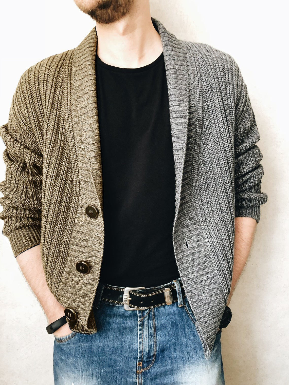 Herren Strickjacke Modern Knopfdesign Kontrast