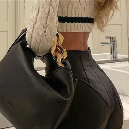 Damen Hose Hochgeschnitten Kunstleder Schwarz