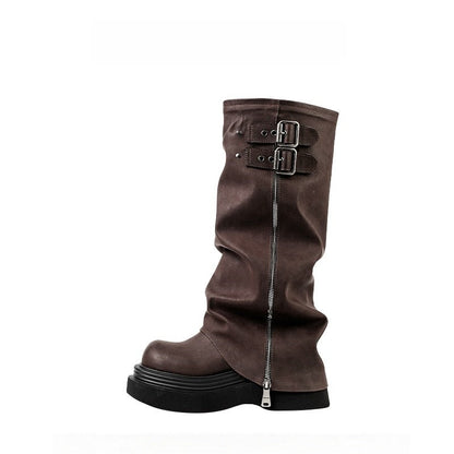 Damen Stiefel Overknee Plateau mit Schnallen Robust