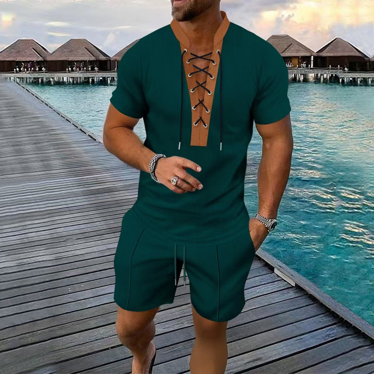 Herren Kurzarmhemd Modern Elastisch Schnürverschluss