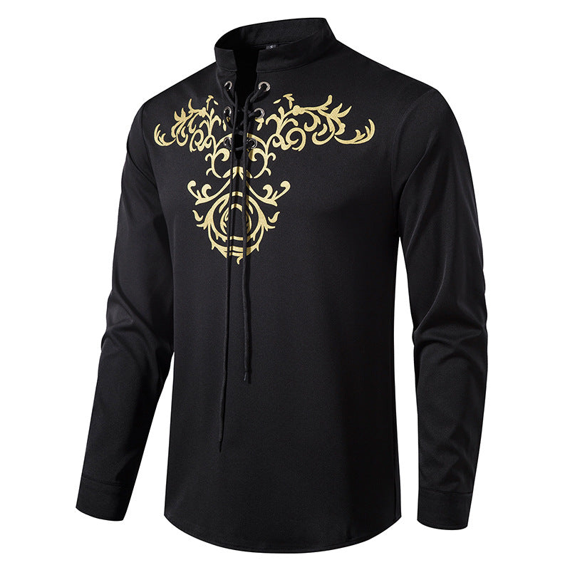 Herren Langarmshirt Asiatisch Modern Schnürung Design