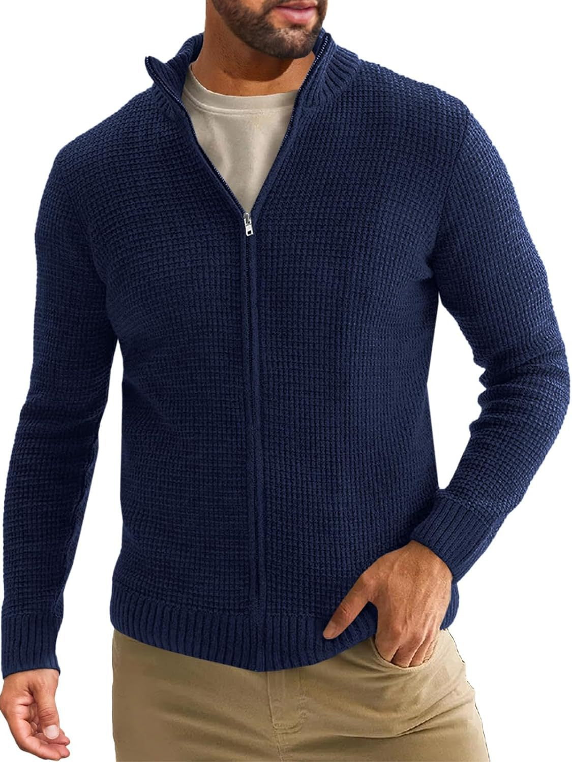 Herren Strickjacke Lang Reißverschluss Hochkragen Winter