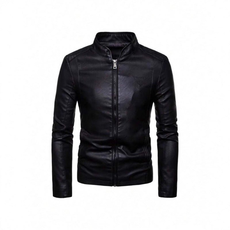 Herren Lederjacke Asymmetrisch Stehkragen Schwarz