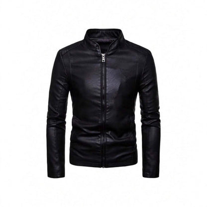 Herren Lederjacke Asymmetrisch Stehkragen Schwarz