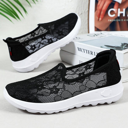 Damen Slip-On Schuhe Blumen Spitze Freizeit