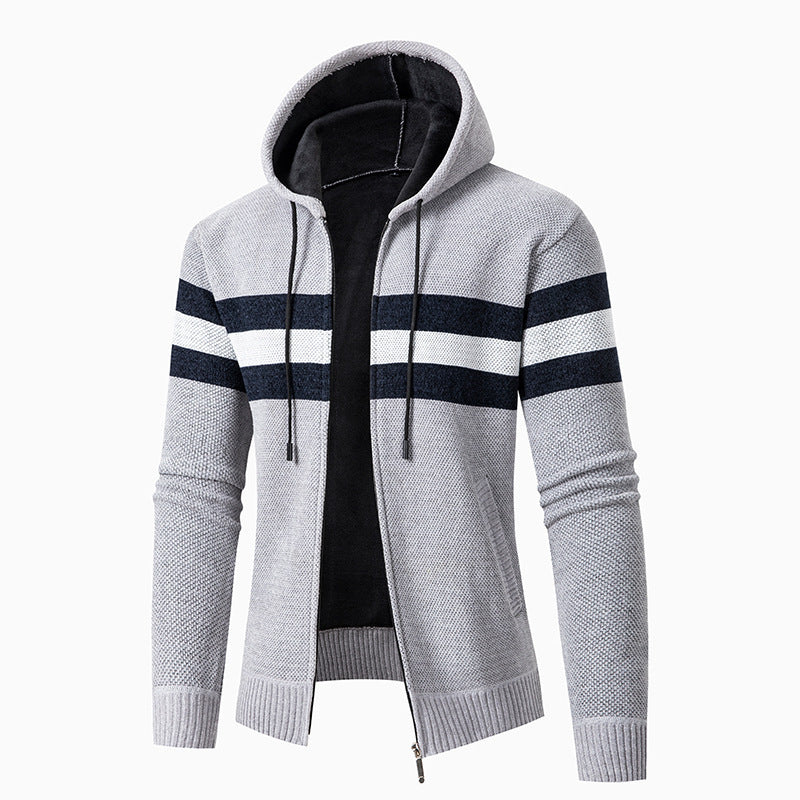 Herren Strickjacke Lässig Mit Kapuze Kontraststreifen Modern