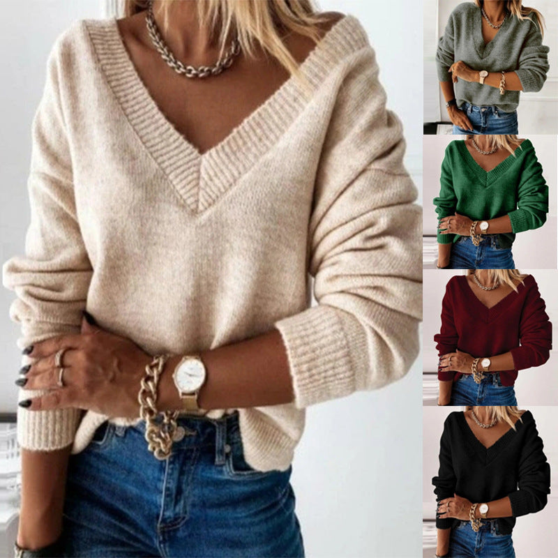 Damen Pullover Weich Lässig V-Ausschnitt Strick - BerlinGlamour