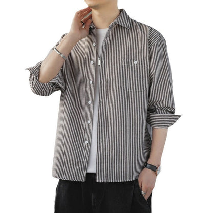 Herren Langarmhemd Leichtes Gestreiftes Baumwollshirt Modern